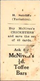1929 McNivens Confectionery Cricketers #4 Herbert Sutcliffe Back