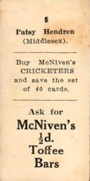 1929 McNivens Confectionery Cricketers #5 Patsy Hendren Back