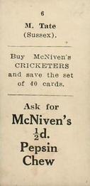 1929 McNivens Confectionery Cricketers #6 Maurice Tate Back
