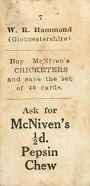 1929 McNivens Confectionery Cricketers #7 Wally Hammond Back