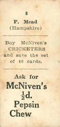 1929 McNivens Confectionery Cricketers #8 Phil Mead Back