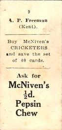 1929 McNivens Confectionery Cricketers #9 Alfred Freeman Back