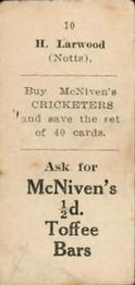 1929 McNivens Confectionery Cricketers #10 Harold Larwood Back