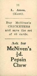 1929 McNivens Confectionery Cricketers #11 Les Ames Back