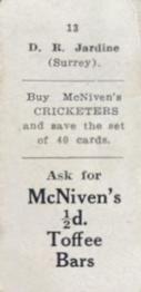 1929 McNivens Confectionery Cricketers #13 Douglas Jardine Back