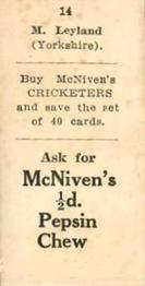 1929 McNivens Confectionery Cricketers #14 Maurice Leyland Back
