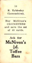 1929 McNivens Confectionery Cricketers #16 Ernest Tyldesley Back