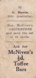1929 McNivens Confectionery Cricketers #23 Gordon Harris Back