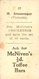 1929 McNivens Confectionery Cricketers #27 Bert Ironmonger Back