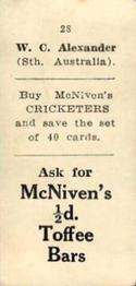 1929 McNivens Confectionery Cricketers #28 William Alexander Back
