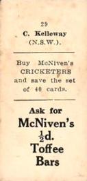 1929 McNivens Confectionery Cricketers #29 Charlie Kelleway Back