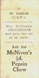 1929 McNivens Confectionery Cricketers #30 Bert Oldfield Back