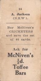 1929 McNivens Confectionery Cricketers #34 Archie Jackson Back