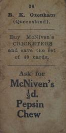 1929 McNivens Confectionery Cricketers #36 Ronald Oxenham Back