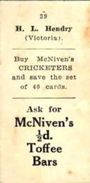 1929 McNivens Confectionery Cricketers #39 Hunter Hendry Back