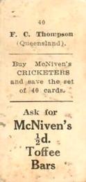 1929 McNivens Confectionery Cricketers #40 Francis Thompson Back