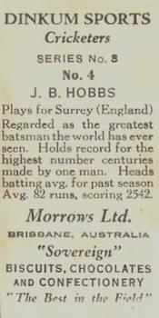 1929 Morrows Dinkum Sports Cricketers Series 3 First Edition #4 Jack Hobbs Back