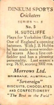 1929 Morrows Dinkum Sports Cricketers Series 3 First Edition #5 Herbert Sutcliffe Back