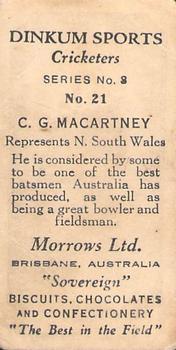 1929 Morrows Dinkum Sports Cricketers Series 3 First Edition #21 Charlie Macartney Back