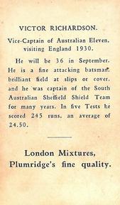 1930 Plumridge's Confectionery Australian Cricketers #NNO Vic Richardson Back