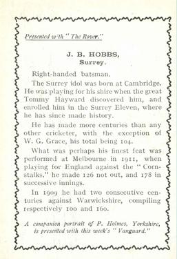 1924 D.C.Thomson Cricketers (Rover) #NNO Jack Hobbs Back