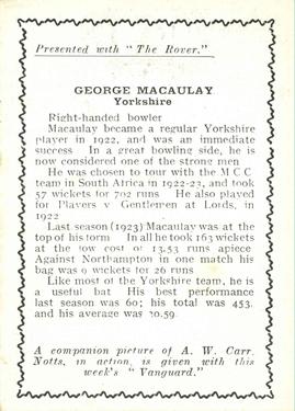 1924 D.C.Thomson Cricketers (Rover) #NNO George Macaulay Back
