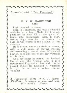 1924 D.C.Thomson Cricketers (Vanguard) #NNO Wally Hardinge Back