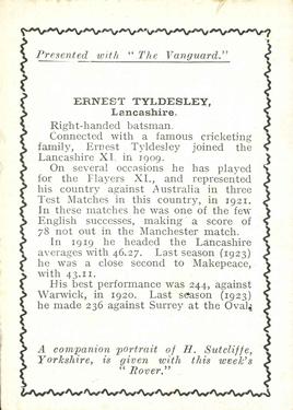 1924 D.C.Thomson Cricketers (Vanguard) #NNO Ernest Tyldesley Back