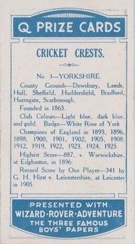 1929 D.C.Thomson Cricket Crests #3 Yorkshire Back