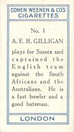 1926 Cohen Weenen Cricketers #1 Arthur Gilligan Back