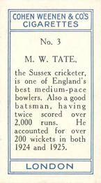1926 Cohen Weenen Cricketers #3 Maurice Tate Back