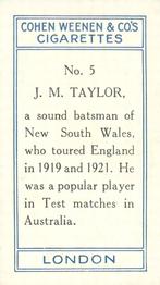 1926 Cohen Weenen Cricketers #5 Johnny Taylor Back