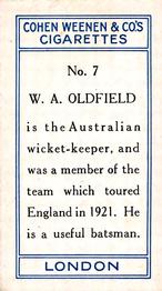 1926 Cohen Weenen Cricketers #7 Bert Oldfield Back