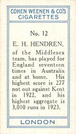1926 Cohen Weenen Cricketers #12 Patsy Hendren Back