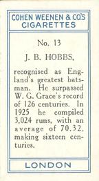 1926 Cohen Weenen Cricketers #13 Jack Hobbs Back