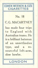1926 Cohen Weenen Cricketers #18 Charlie Macartney Back