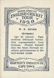 1929 Hartley's South African English Cricket Tour #NNO Neville Quinn Back