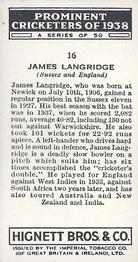 1938 Hignett Tobacco Prominent Cricketers #16 James Langridge Back