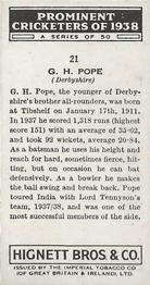 1938 Hignett Tobacco Prominent Cricketers #21 Alf Pope Back