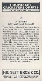 1938 Hignett Tobacco Prominent Cricketers #25 Denis Smith Back
