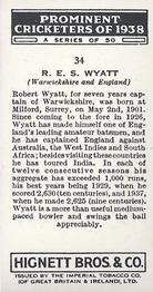 1938 Hignett Tobacco Prominent Cricketers #34 Bob Wyatt Back