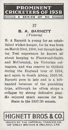 1938 Hignett Tobacco Prominent Cricketers #37 Ben Barnett Back