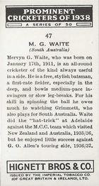 1938 Hignett Tobacco Prominent Cricketers #47 Mervyn Waite Back