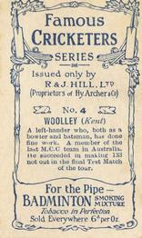 1912 R & J Hill Cigarettes Famous Cricketers (Brown Front) #4 Frank Woolley Back