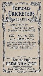 1912 R & J Hill Cigarettes Famous Cricketers (Brown Front) #16 Arthur Jones Back