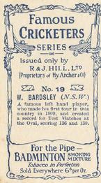 1912 R & J Hill Cigarettes Famous Cricketers (Brown Front) #19 Warren Bardsley Back