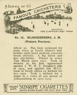 1925 R & J Hill Sunrise Famous Cricketers Including the S.Africa Test Team (Large) #15 James Blanckenberg Back