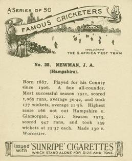 1925 R & J Hill Sunrise Famous Cricketers Including the S.Africa Test Team (Large) #28 Jack Newman Back