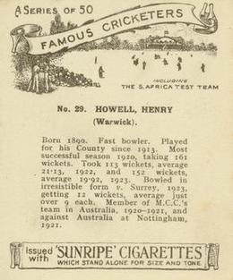 1925 R & J Hill Sunrise Famous Cricketers Including the S.Africa Test Team (Large) #29 Henry Howell Back