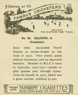 1925 R & J Hill Sunrise Famous Cricketers Including the S.Africa Test Team (Large) #33 Arthur Dolphin Back